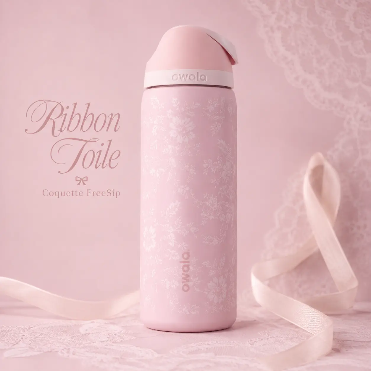 Owala UO Exclusive Ribbon Toile FreeSip 32oz Water Bottle – Insulated Stainless Steel Bottle with Built-In Straw, Pink Floral Design