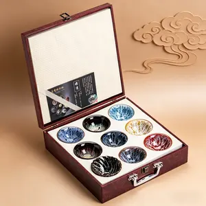 Kiln Change Glaze Master Cup Set - 9pcs Unique Jianzhan Tea Bowls, Handcrafted Ceramic Tea Cups with Gift Box, Non-toxic, Lead-free, Perfect for Tea Lovers & Gifts