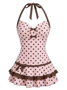 Pink & Brown 1940s Polka Dot Halter Bow One-Piece Swimdress