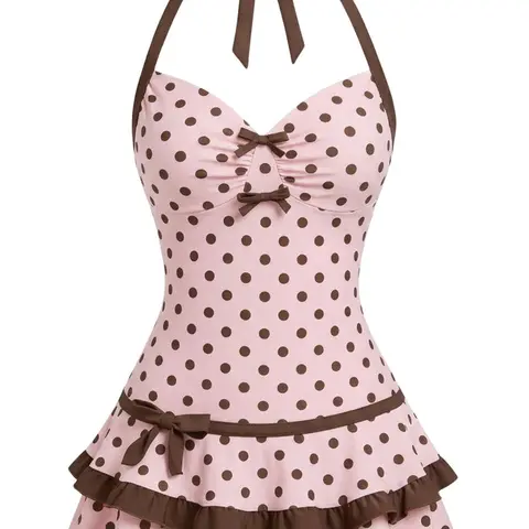 RETRO STAGE Women's 1940s Retro Vibe Pink & Brown Polka Dot Halter Bow 1-Piece Swimdress - Medium Stretch Wireless Bra, Sports & Outdoor Beach Swimwear