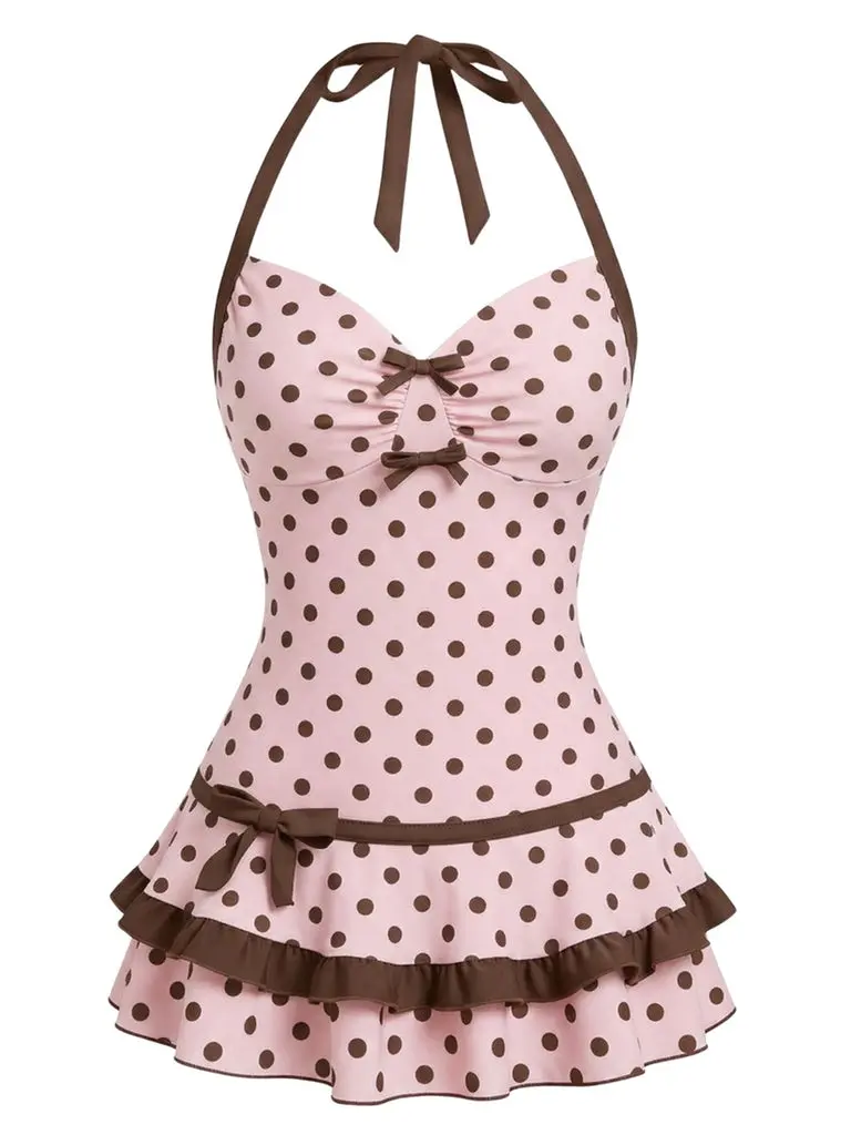 Pink & Brown 1940s Polka Dot Halter Bow One-Piece Swimdress Vintage Swimsuit Fashion Swimwear Pink & Brown 1940s Polka Dot Halter Bow One-Piece Swimdress Vintage Swimsuit Fashion Swimwear