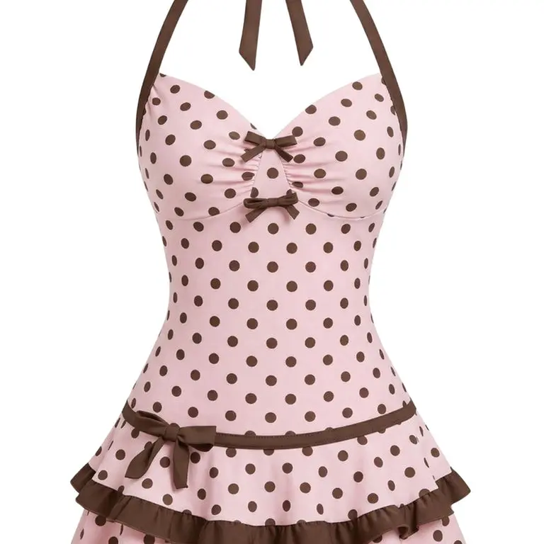 RETRO STAGE Women's 1940s Retro Vibe Pink & Brown Polka Dot Halter Bow 1-Piece Swimdress - Medium Stretch Wireless Bra, Sports & Outdoor Beach Swimwear