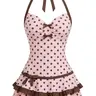RETRO STAGE Women's 1940s Retro Vibe Pink & Brown Polka Dot Halter Bow 1-Piece Swimdress - Medium Stretch Wireless Bra, Sports & Outdoor Beach Swimwear