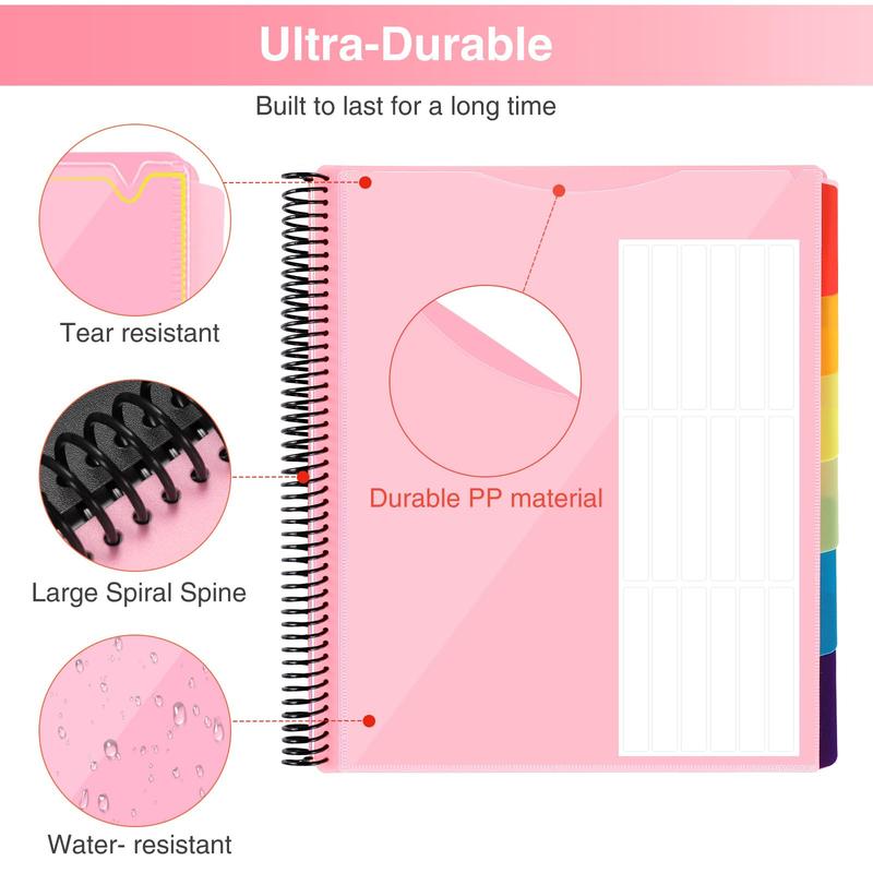 24 Pocket Project Organizer,  1/3-cut Tab Binder Organizer with Sticky Labels, Multi Pocket Folder with Zipper Pouch, Folder Binder Spiral Pocket Notebook, Office Supplies, Letter Size, Blush