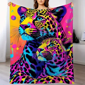 Thick Flannel Blanket - Four Seasons Soft and Warm Neon Leopard Pattern, Plush Bedspread or Sofa Cover for Living Room and Bedroom, Machine Washable Luxury Home Decor Gift, Modern Design, Comfortable Material, Fashionable Interior