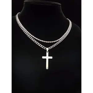 Cross Pendant & Cuban Chain Set for Men & Women, Stainless Steel Jewelry, Ideal for Parties & Daily Wear, Great Birthday Gift
