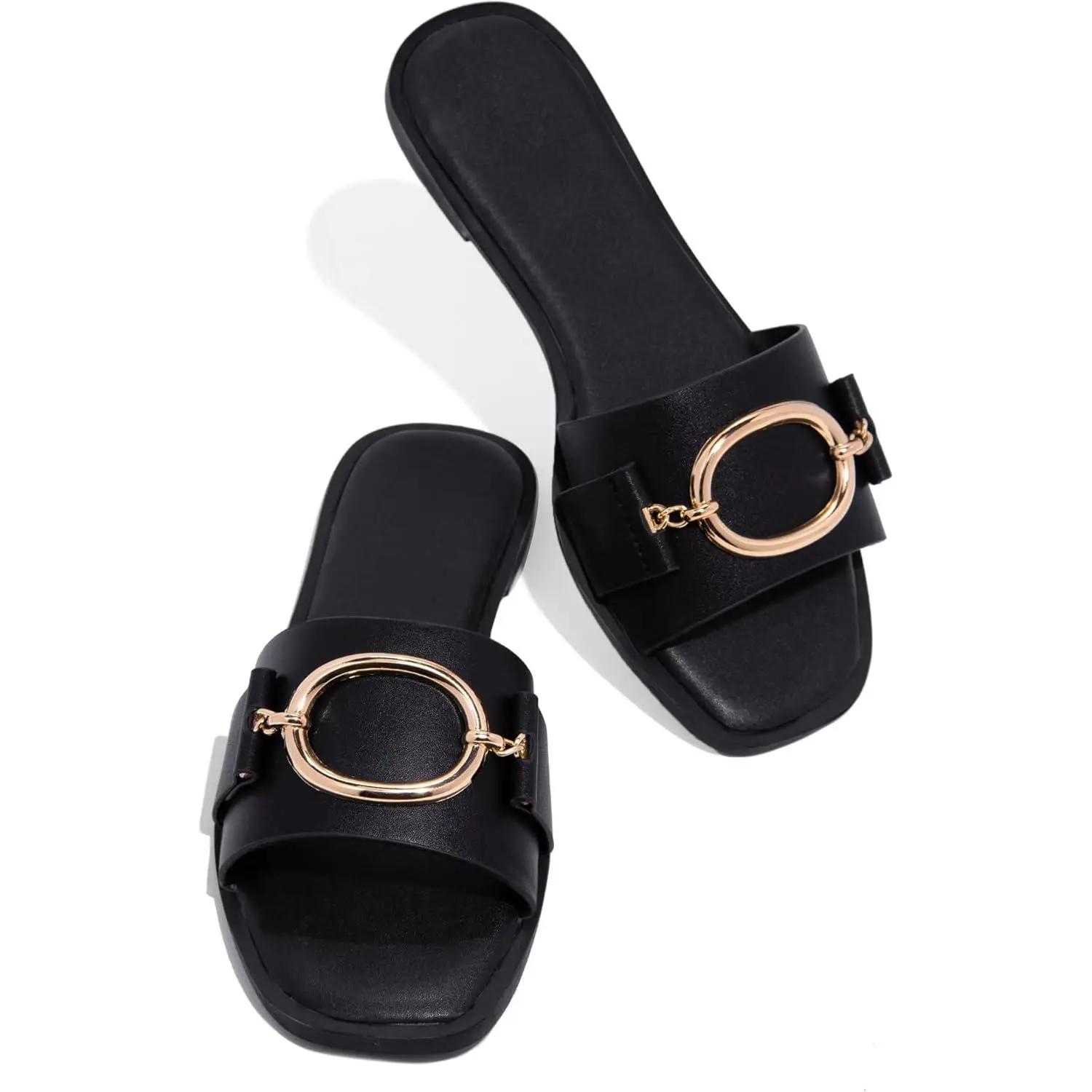 Coutgo Womens Square Toe Dressy Summer Slide Sandals Flat Low Heel Big Metal Chain Slip On Party Slippers Shoes