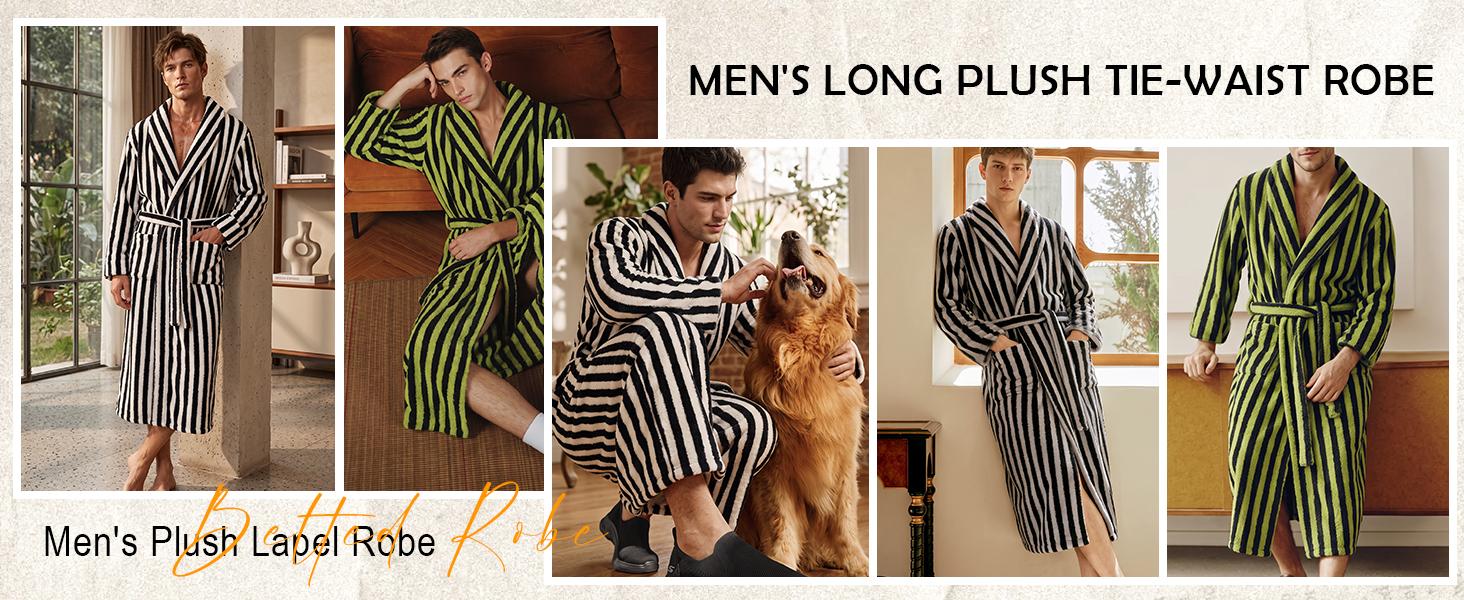 Gihuo Mens Unisex Fluffy Striped Robe Plush Bath Robe Winter Coral Fleece Fuzzy Bathrobe Long Belted Robe Sleeve Loungewear Menswear Nightwear Fabric Thick Fashion Loose