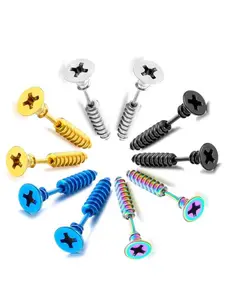 Unisex Punk Style Stainless Steel Stud Earrings, Hypoallergenic Screw Pin Design, Creative Grunge Ear Jewelry for Men & Women