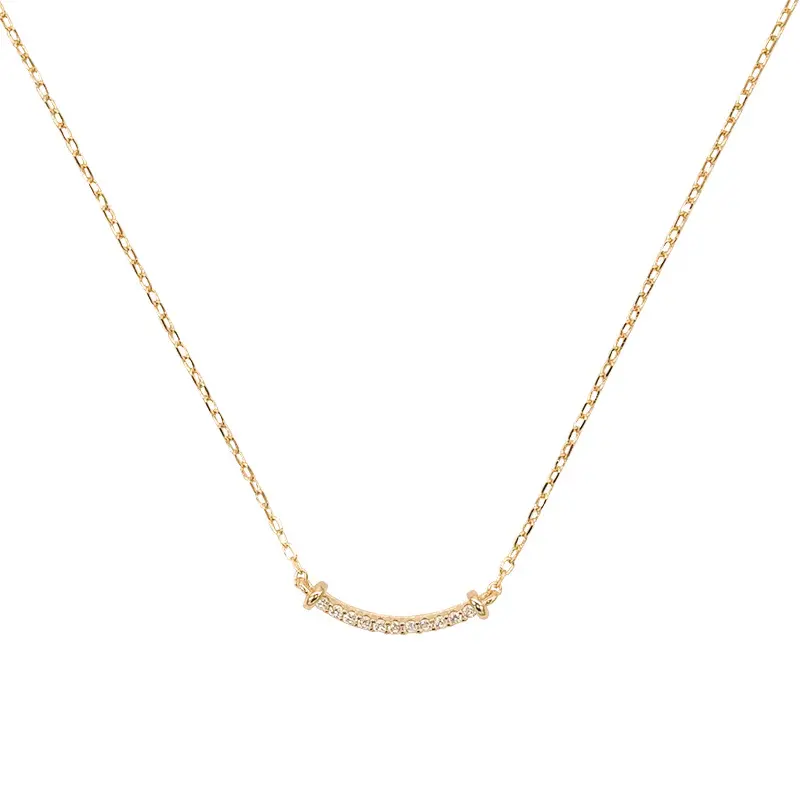 14k Gold Dainty Curved Necklace, Sterling Silver Bridesmaid Gifts, Curved Diamond Necklace, Dainty Gold Charm Pendant, Best Gift for Her