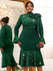 【Plus Size】 Glitter Sequins Dress, Elegant Long Sleeve Mock Neck Mermaid Formal Evening Party Gown, Women's Clothes for All Seasons, Womenswear