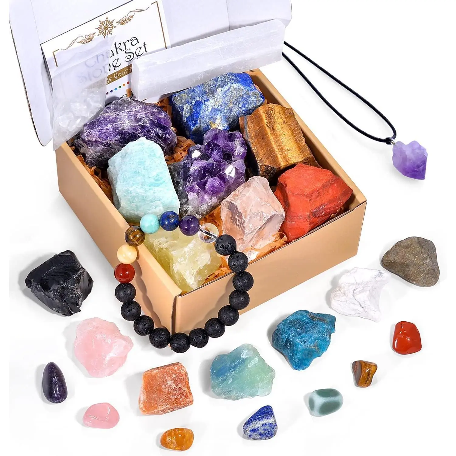 Crystals and Healing Stones, Healing Crystals Gift Set,  Raw Chakra Stone,  Tumbled Gemstones, Crystal Amethyst Necklace, Selenite Plate, Lava Bracelet, Clear Quartz, Gift Box