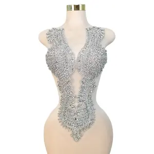 Handsewing Beaded Bodice Applique with Rhinestones Crystal Lace Trim for Prom Wedding Dress DIY Decoration Factory Sale