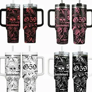 Collection SuicideboyS G59 Skull Aesthetic 40oz Tumbler With Handle, Underground Rap Merch Cup, Dark Trap Goth Style Travel Mug, Flasks Gift For Grey Five Nine Fan ,Muticolor Collage Design Stainless Steel Insulated Tumbler For Music Fans