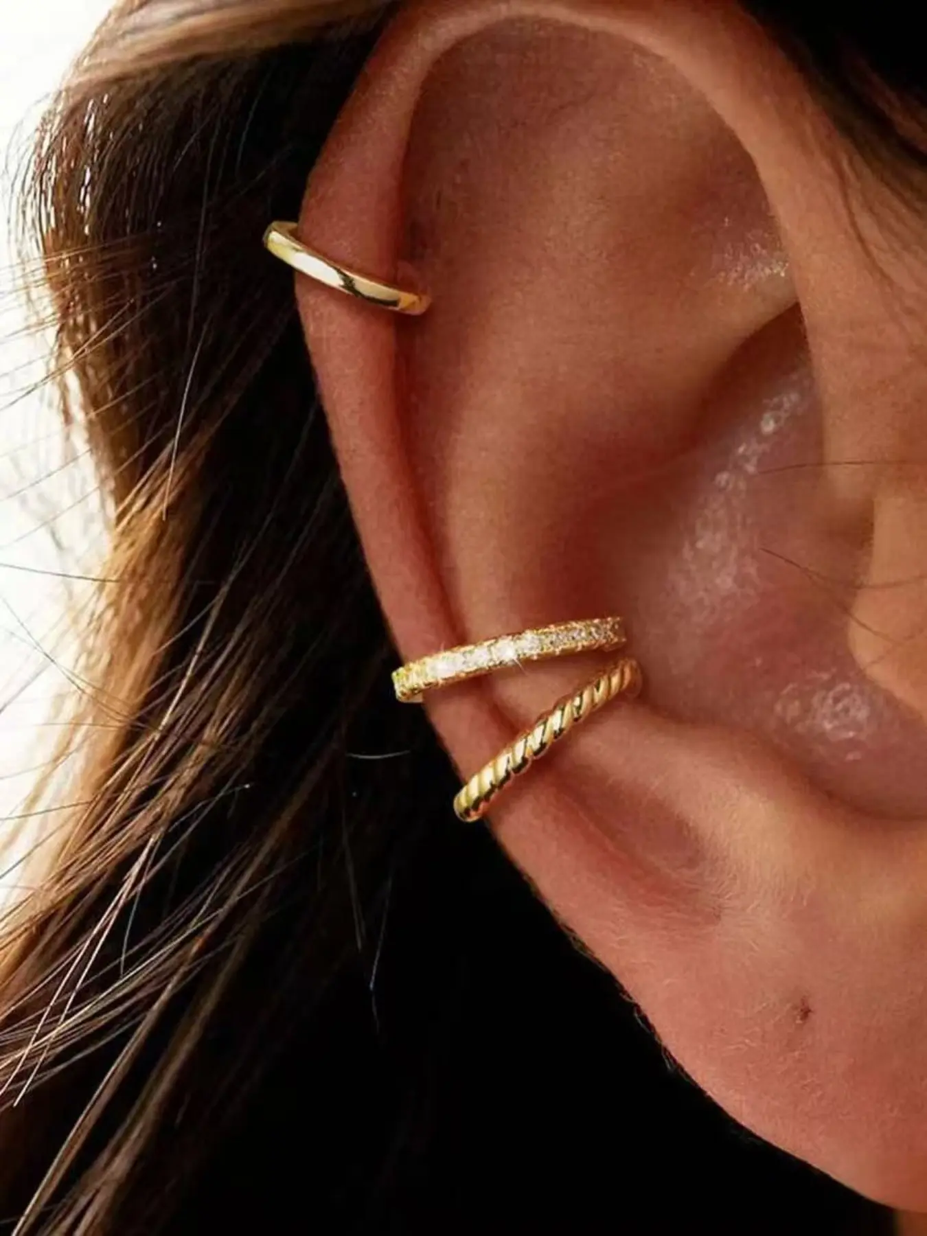3-Piece Minimalist Pure Copper Zircon Earrings, No Piercing Design, Unique Personality Ear Cuff Style, Fashionable Daily Wear, Earring Stacking Set, Non Piercing Jewelry, Trendy Jewelry