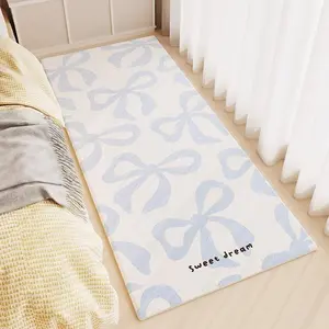 Blue Bow Carpet for Bedroom, French Simple Cream Style Girls Room Decor, Soft Plush Foot Pad, Suitable for Living Room, Closet, Casual Area, Soft Rug