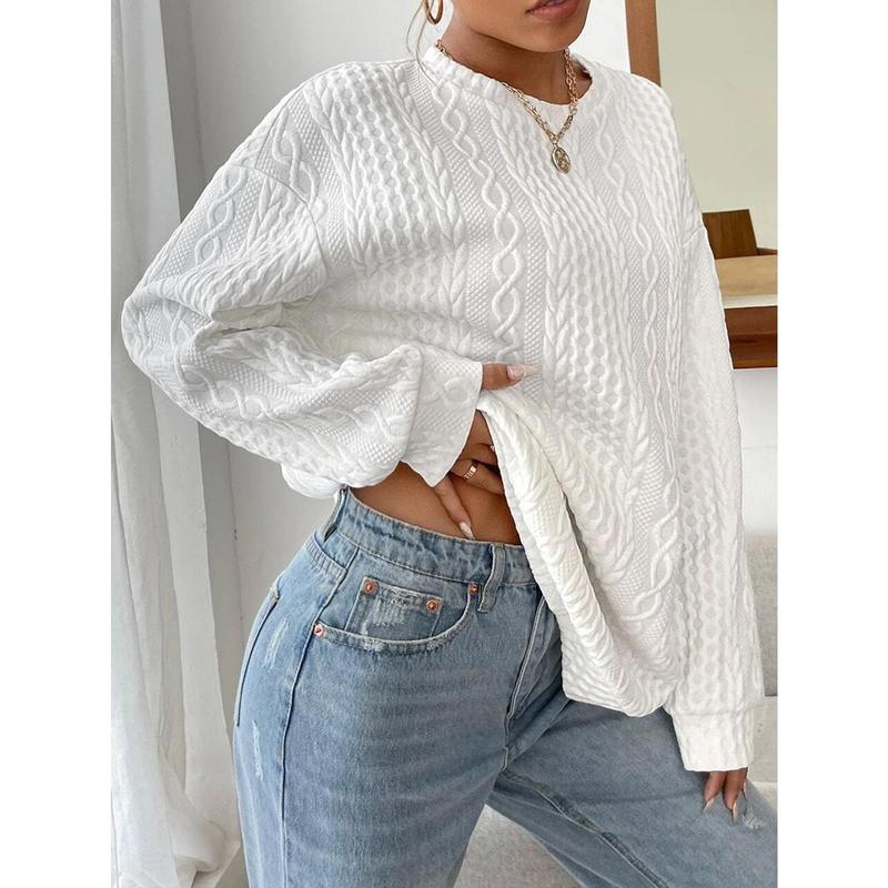 SCACTO Women's Cable Knit Oversized Sweater - White Textured Pullover with Ribbed Details, Casual Boho Chic Top Crewneck Fabric