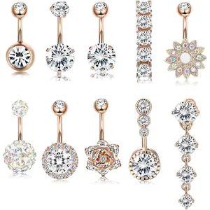 FINREZIO 10 Pcs Rose Golden Sparkling Brilliant Piercing Navel Rings for Women Men Elegant Trendy Surgical Steel Belly Button Rings for Summer Vacation Delicate Navel Piercing Barbells Shining CZ Body Piercing Jewelry Set