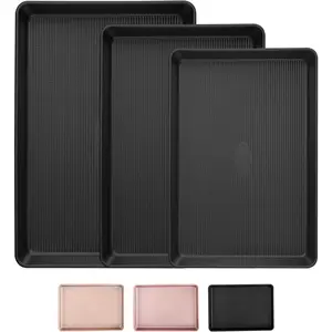 Nonstick Baking Sheet Pan Set of 3, Heavy Duty Cookie Sheets for Oven with Stripe Texture Pattern, 0.6mm Thick Quarter/Half/Jelly Roll Pans, Rust-Resistant & Easy Clean (Black)