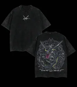 Oversized Retro Washed T-Shirt, Double-Sided Print with Rayquaza Logo & Shiny Black Dragon Graphic, Unisex Casual Streetwear Tee for Men Women, Perfect for Outdoor & Daily Wear