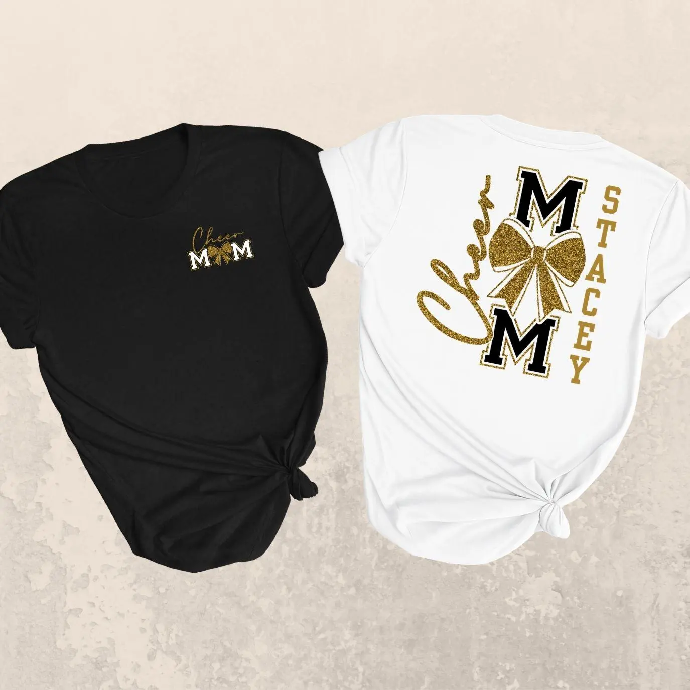 Customized cheer mom shirt with gold glitter bow design, personalized name sports parent tee for game day, comfortable cotton women's tshirt featuring athletic spirit graphics, breathable cheerleading squad support top t-shirt outfit