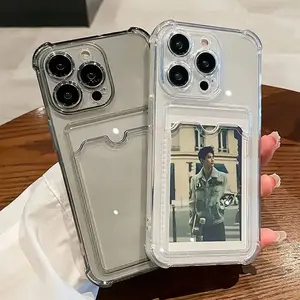Transparent Card Slot Bag Holder Case for iPhone 11-17 Pro Max X XR XS 7 8 Plus SE 2 Clear Shockproof Soft Wallet Cover with Protective Casing
