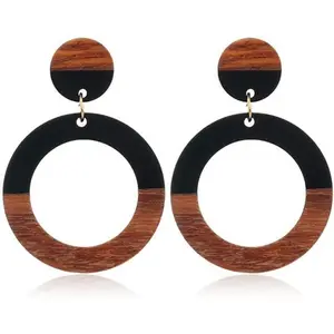 Retro Wooden Resin Geometric Bar Drop Dangle Earrings Layered Leopard for Women Polymer Clay Lightweight Statement Jewelry-White Round B