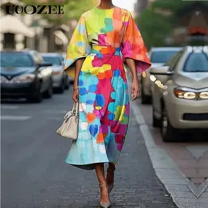 UOOZEE Women New Summer Asymmetric Pleated Loose Round-Neck Pocket Midi Dresses, Short Sleeves Casual 1 Pieces Woman Midi Colorful Dress(we Recommend Sizing Up 1 Size for C Cup and Above)
