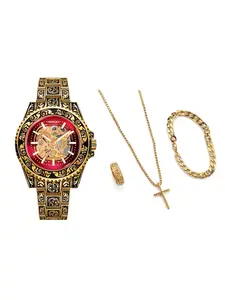 4-piece men's hollowed-out mechanical watch jewelry set, featuring multiple fashionable automatic luminous waterproof vintage personalized butterfly carved trendy watches