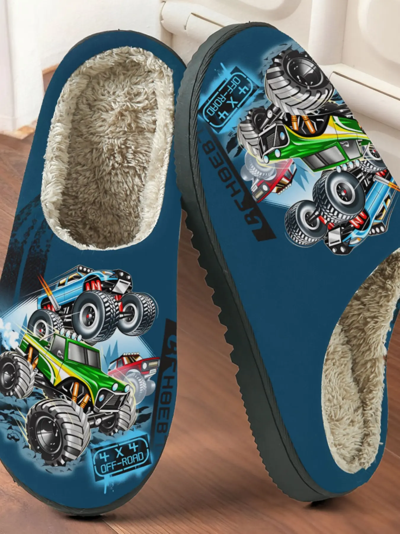 Monster Truck Printed Cotton Slippers, Cool Mechanical Style, Plush Lined Anti-Slip Thick Sole, Home Boys/winter Warm Shoes