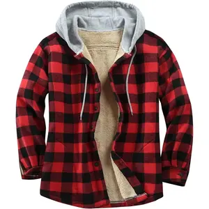 Flannel Shirt Jacket Men Fleece Hoodie Sherpa Lined Plaid Button Down Fall Winter Jackets with Hood