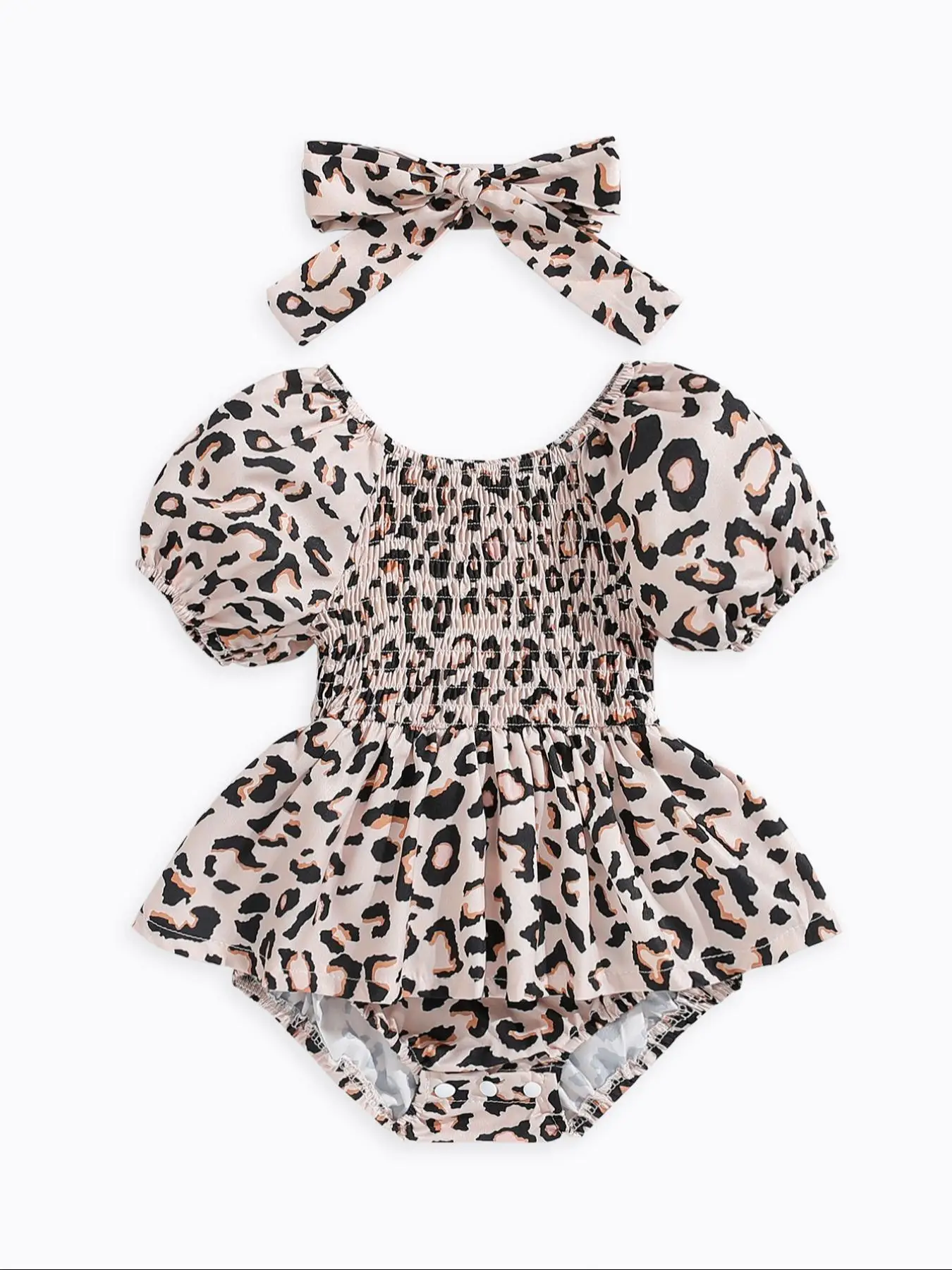 Toddler Girl's Leopard Print Bubble Sleeve Bodysuit & Hair Band Set, Cute Bodysuit for Summer, Toddler Girls Clothing for Daily Wear