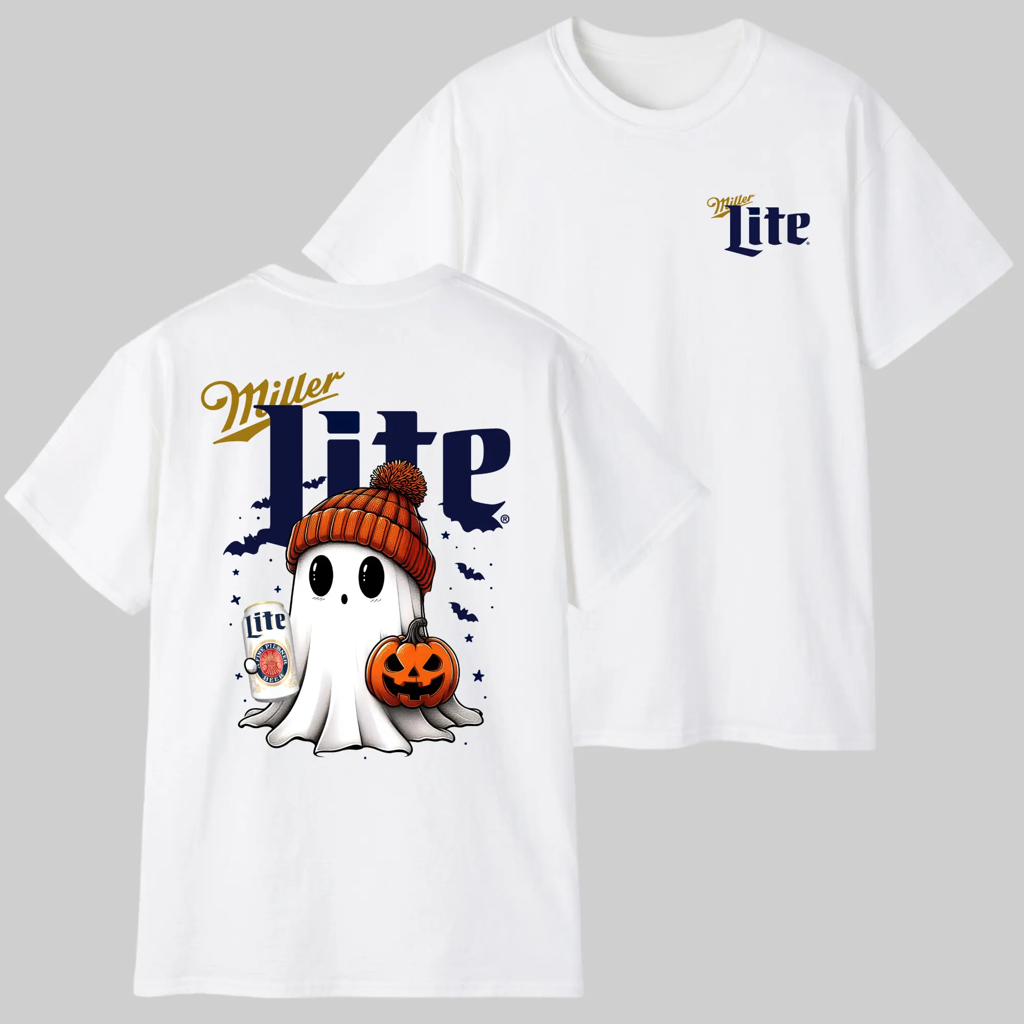 Vintage Beer Ghost Pumpkin Halloween T-Shirt, Funny Beer Lover Graphic Tee, Spooky Season Fall Shirt, 2 Sided Unisex Cotton Halloween Gift for Men Women