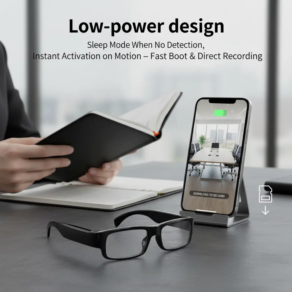 1080P FHD Video Recording, Glasses，Built-in Large Capacity Battery, Portable Wearable Design, Low Power Consumption for Long-lasting Use, Built-in High-Sensitivity Microphone, Local Storage to SD Card (Not Included), Smart Personal Electronic