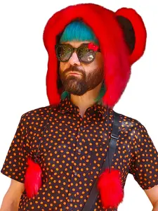Atomic Laundry Apparel Red and Black Faux Fur Bear Mouse Hat with Large Adorable Ears and Fluffy Pom Poms One Size Fits All Teen Adult