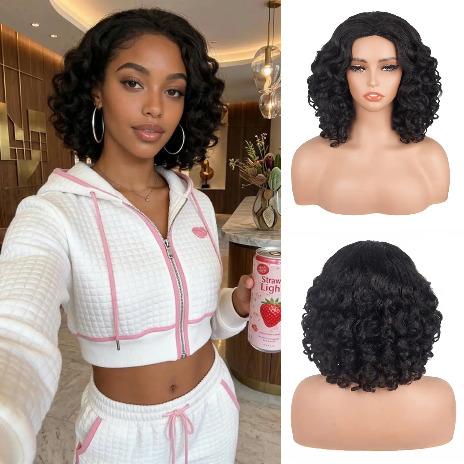 Lush Haute Curls 3 in 1 Half Wig Kinky curly 14 Inch Synthetic Wig Instant Weave Drawstring Cap for Women Seamless Clip In Wigs Wear and Go