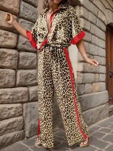 Womens Short Sleeve Set Leopard Print Blouse with Wide Leg Trousers Contrast Color Lightweight Vacation Beach Commuter Outfit Stylish Summer Attire for Women