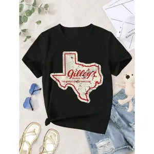 Vintage Gilleys Pasadena Texas Women's T-Shirt - Retro Western Style  Short Sleeve Crew Neck Black Tops Womenswear