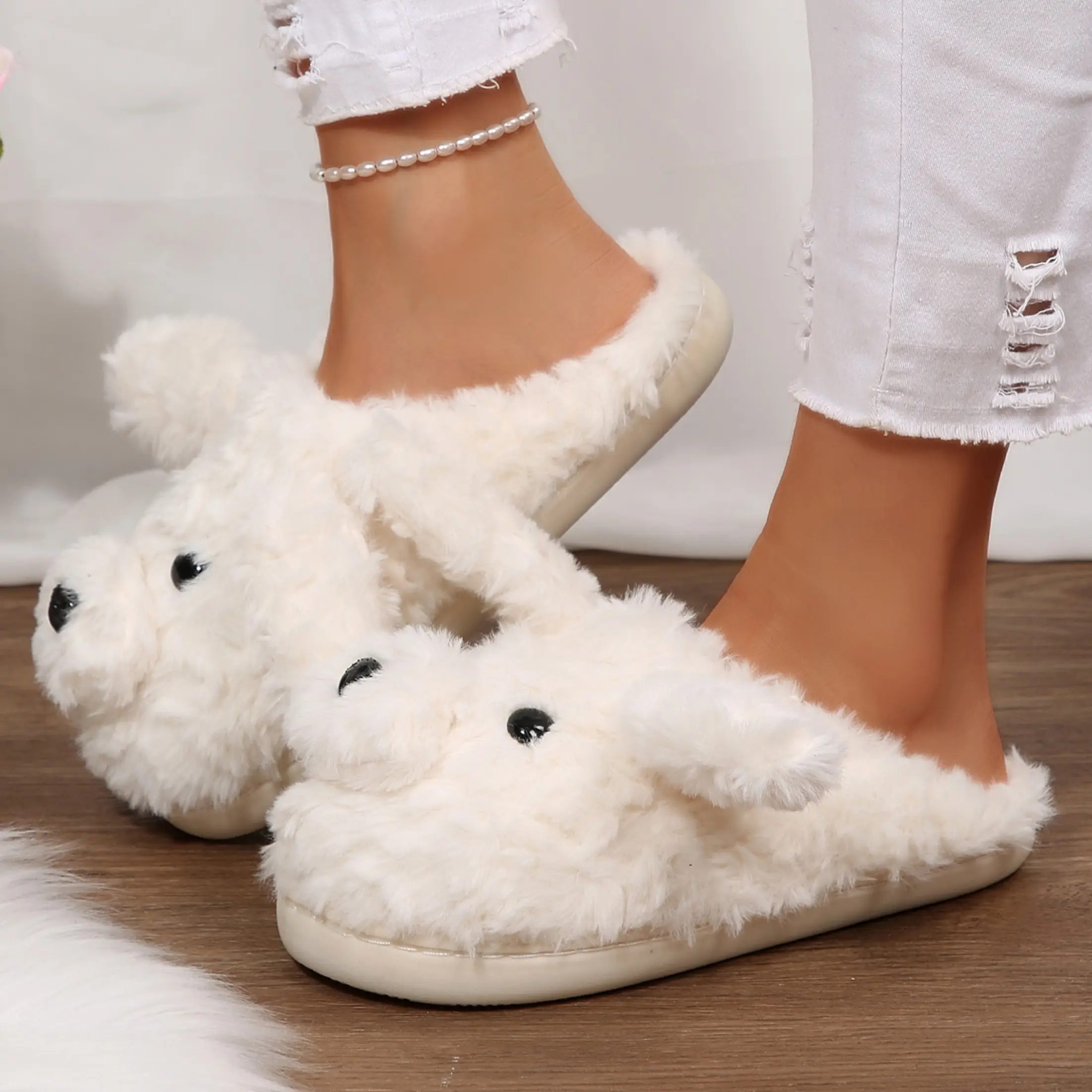 Women's Indoor Outdoor Footwear Delight: Furry Puppy - Shaped Slippers with Soft Interior Indoor Outdoor Shoes