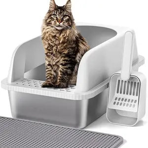 Stainless Steel  Litter Box with Lid, 20" L x 14.2" W x 11.8" H,  Litter Box for Big Cats with High Sided, Anti- Leakage, Easy Cleaning, Include  Mat and Scoop