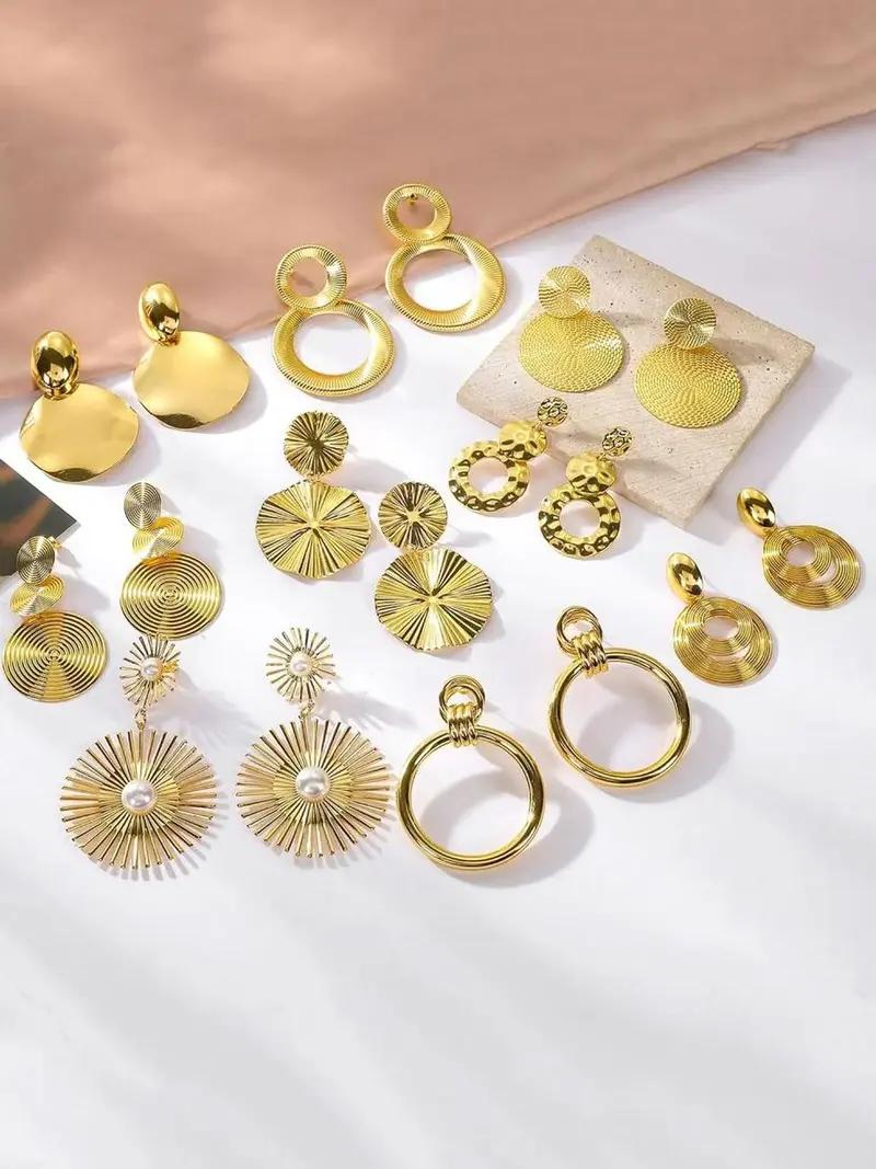 11 Pairs Big Disc Drop Earrings Set for Women - Golden Dangle Earrings with Round Hammered Statement Design, Versatile Everyday & Party Jewelry
