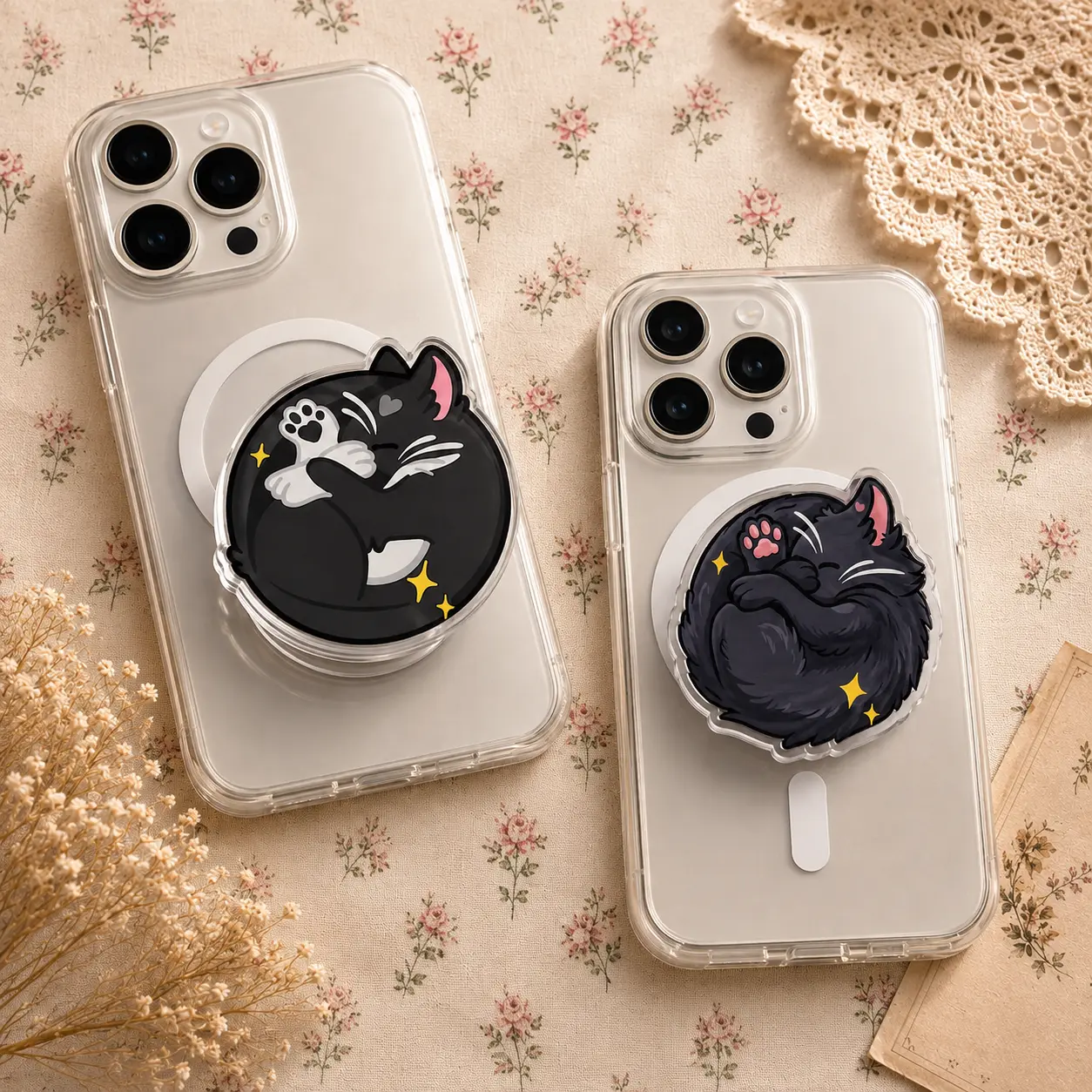 Cute Sleeping Black Cat Phone Grip Cozy Fluffy Kitty Curled Up Collapsible Griptok Stand for Phone Case