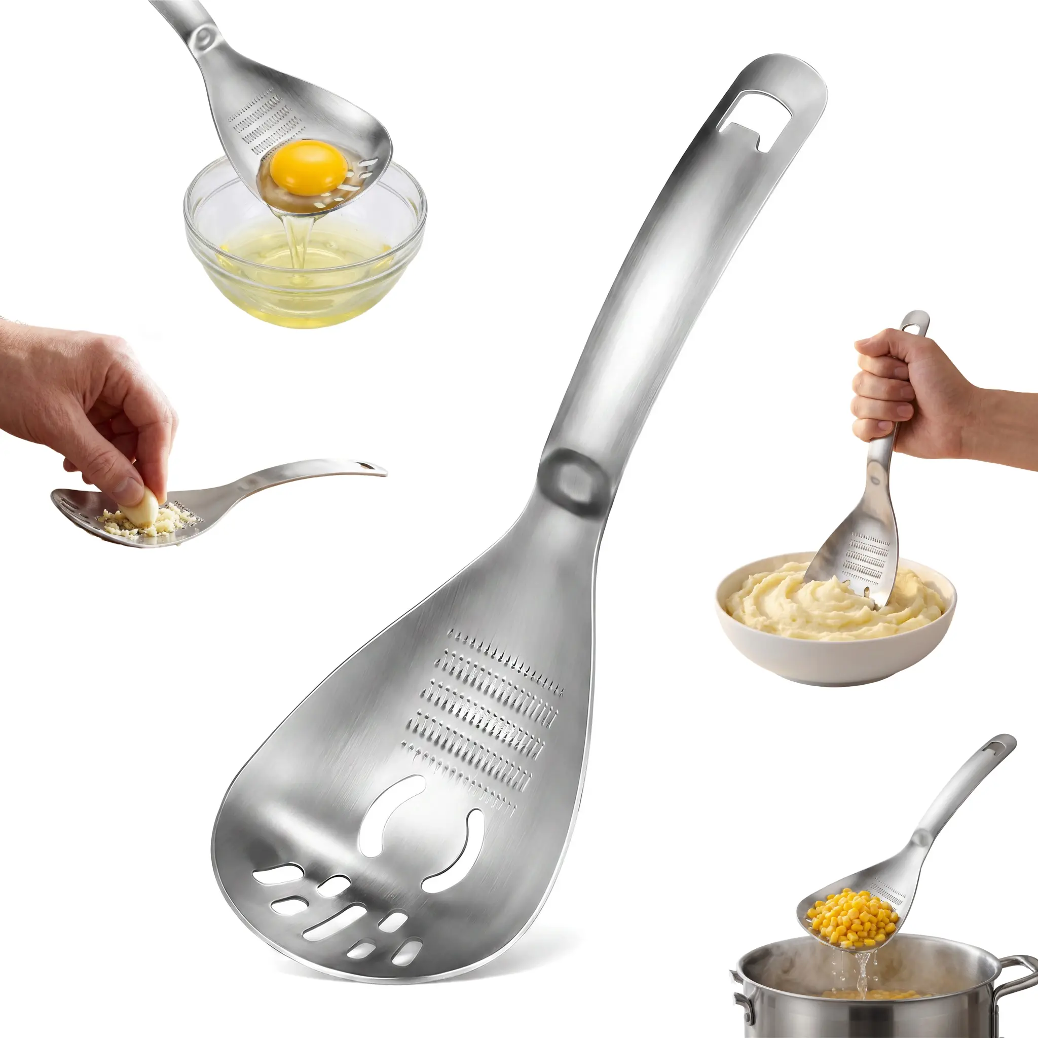 5-in-1 Multifunctional Potato Masher - Premium Food Grade 304 Stainless Steel Heavy Duty Kitchen Utensils with Avocado Masher, Egg Yolk Separator, Garlic Ginger Grater, Slotted Spoon for Strainers and Colanders, Kitchen Cooking Accessories