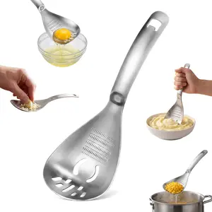 5-in-1 Multifunctional Potato Masher, Premium Food Grade 304 Stainless Steel Heavy Duty Kitchen Gadget, Potato & Avocado Masher, Egg Yolk Separator, Garlic Ginger Grater, Slotted Spoon for Draining Vegetables Fruits Beans
