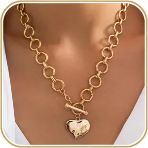 Chunky Gold Necklace for Women Big Heart Necklace Vintage Gold Statement Necklace for Women Stackable Fashion Jewelry