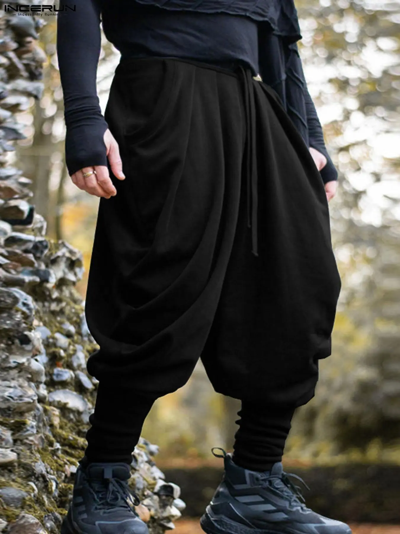 INCERUN Fashionable Men's Deconstructed Pleated Pants, Drawstring Elastic Waists, Casual Slant Pocket, Stylish Long Trousers for Casual Wear, Comfortable and Trendy Design, All Purpose Pants, Casual Loungewear Pants
