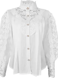 Women's Vintage Polyester Lace Fabric Shirt, Blouse, Loose Casual Long Sleeve Top, Hollow Crochet Flower Pattern, Floral, Comfortable Daily Wear, Womenswear
