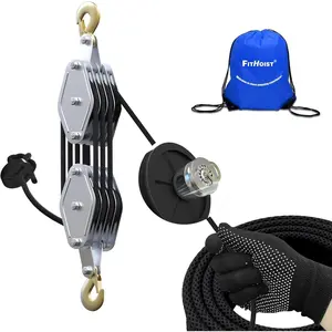 2200lbs 4-Wheel Rope Pulley Hoist Block and Tackle Pulley System 7:1 Lifting Power with 65Ft 5/16” Rope for Heavy Lifting Hunting Garage Warehouse Building Black