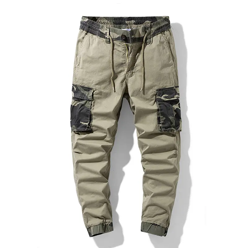 Men's tactical camouflage patchwork workwear ankle pants, elastic waist, multiple pockets, anti fouling and wear-resistant jogging pants, fashionable and versatile