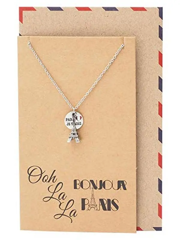 Quan Jewelry Women's Eiffel Tower Pendant Long Daily Necklace - Paris-Inspired, Bonjour Card Included, Love-Focused Romantic Anniversary Gift for Travelers